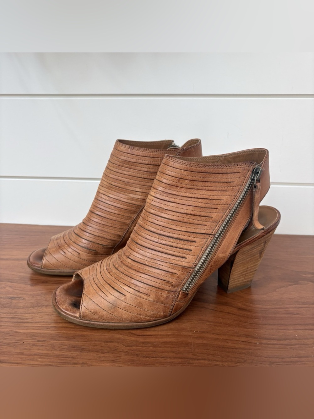 Paul Green Cayanne Brown Leather Open Toe Booties Zip Block Heels Sandals 7 Boho